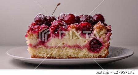 Sliced cherry cake with cream filling on a simple white plate showcasing fresh cherries on top Sliced cherry cake with cream filling on a simple white plate showcasing fresh cherries on top 127957175