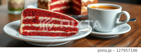 Enjoying a slice of red velvet cake with a cup of hot coffee on a wooden table in a cozy cafe 127957186