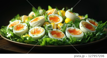Colorful salad with halved eggs, citrus fruits, and fresh greens garnished with herbs Colorful salad with halved eggs, citrus fruits, and fresh greens garnished with herbs 127957206