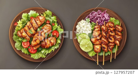 Grilled chicken skewers served with fresh vegetables and lime on wooden plates Grilled chicken skewers served with fresh vegetables and lime on wooden plates 127957207