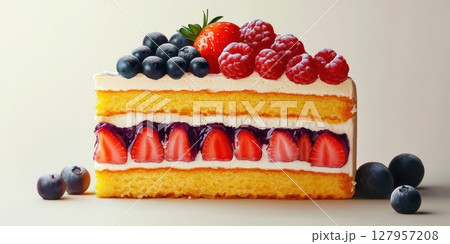 Layers of sponge cake filled with fresh berries and cream in a tempting dessert display Layers of sponge cake filled with fresh berries and cream in a tempting dessert display 127957208
