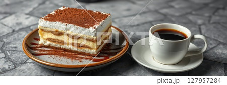 Enjoying a delicious dessert and coffee at a cozy cafe with a rustic atmosphere during a relaxing afternoon 127957284