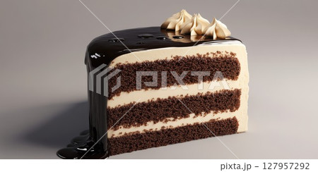 Delicious chocolate cake slice with creamy frosting and chocolate drizzle on a smooth surface Delicious chocolate cake slice with creamy frosting and chocolate drizzle on a smooth surface 127957292