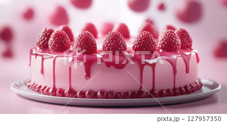 Delicious raspberry cake with vibrant pink frosting decorated with fresh raspberries on a plate 127957350
