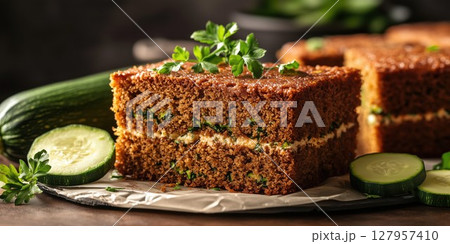 Deliciously moist zucchini cake with cream cheese filling and fresh cucumber slices on a wooden table Deliciously moist zucchini cake with cream cheese filling and fresh cucumber slices on a wooden table 127957410