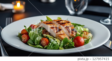 Delicious grilled chicken served on a bed of fresh salad with cherry tomatoes at an elegant dining setting Delicious grilled chicken served on a bed of fresh salad with cherry tomatoes at an elegant dining setting 127957415