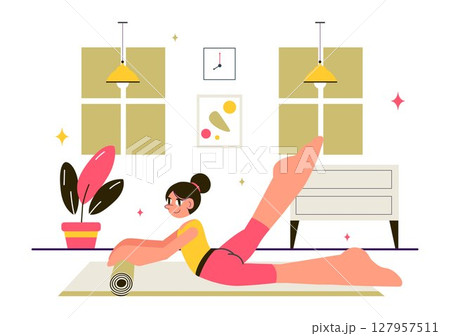 Rhythmic Gymnastics Illustration Featuring Professional Athletes Performing Artistic Acrobatic Moves, Showcasing Strength and Flexibility at Home Rhythmic Gymnastics Illustration Featuring Professional Athletes Performing Artistic Acrobatic Moves, Showcasing Strength and Flexibility at Home 127957511
