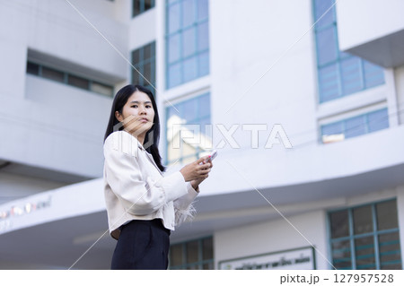 Future remote work combines technology smart phone connection online white digital business woman enable e-learning productivity while travel blend comfort modern devices serenity computer equipment 127957528