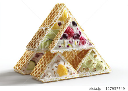 Waffle ice cream pyramid with fruit and nuts. AI-generated item Waffle ice cream pyramid with fruit and nuts. AI-generated item 127957749