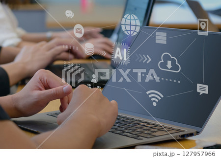 ビジネスシーン、生成AIを活用したデジタルワークフロー、クラウド、DX、デジタルネットワークイメージ 127957966