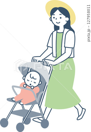 ベビーカーを押すママと赤ちゃん 127958011