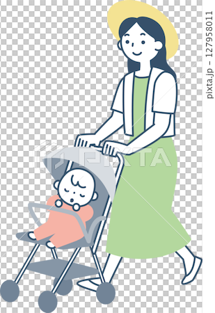 ベビーカーを押すママと赤ちゃん 127958011