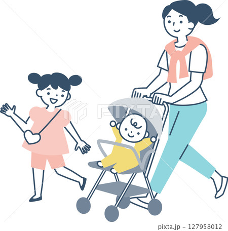 ベビーカーを押す母親と女の子 127958012