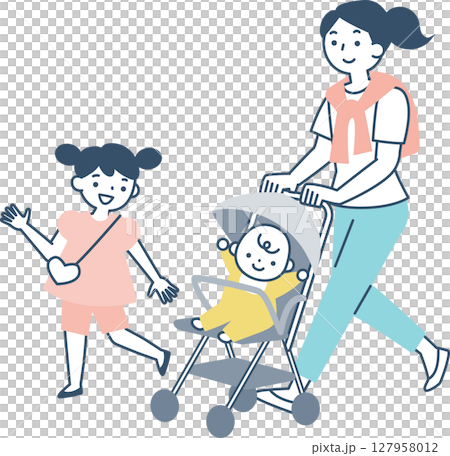 推著嬰兒車的母親和女孩 127958012