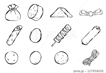 おでんの具、メニューのベクターイラスト 手描き 筆 冬 鍋物 127958038
