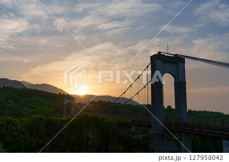 風の吊り橋に昇る陽　戸川公園 127958042