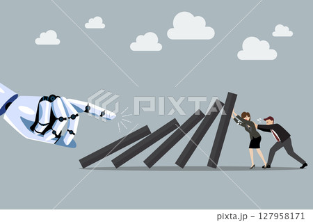 Business man and business woman pushing hard against falling deck of domino tiles by robot hand. Business man and business woman pushing hard against falling deck of domino tiles by robot hand. 127958171