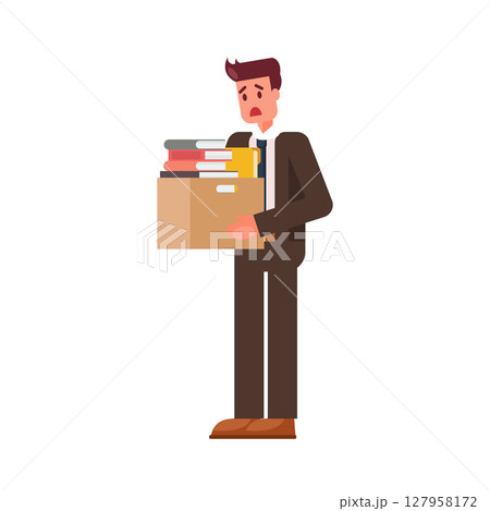 Fired office man character worker holds box. 127958172