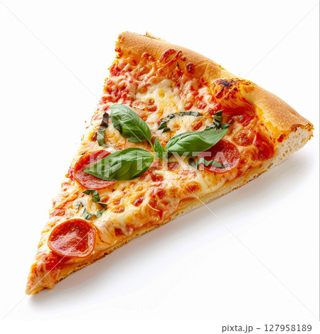 Delicious slice of pizza, featuring melted cheese and rich tomato sauce on a golden crust, isolated on a white background 127958189