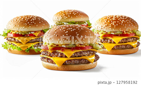 Perfect juicy double cheeseburgers with all the fixings, including melted cheese, fresh lettuce, tomatoes, onions, and pickles on sesame seed buns. 127958192