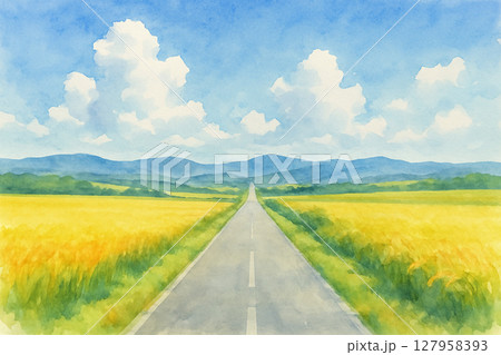 まっすぐ続く道と夏空の水彩風景 127958393