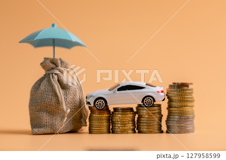 Concept business vehicle finance protection office plan investment buy sell coin car ensuring idea financial security. automobile agent tax protect purchase insurance and secure favorable loan deal 127958599