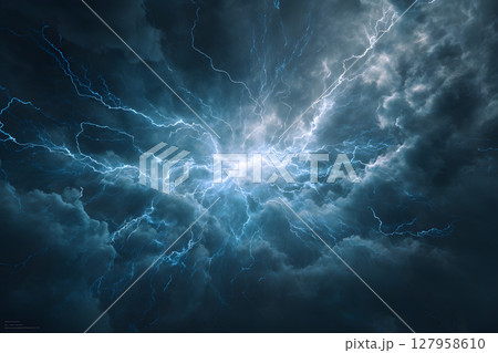雷が光る劇的な空の雲とエネルギーの爆発 127958610