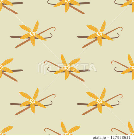 Elegant seamless pattern with vanilla pods and tropical vanilla flowers. Ideal for eco-friendly product packaging, botanical branding, and natural-themed designs. 127958631