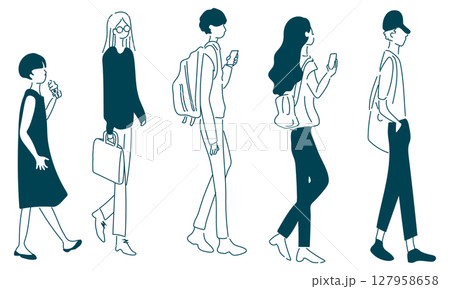 カジュアルな服装の通行人の線画イラスト 127958658