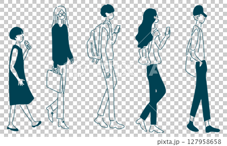 カジュアルな服装の通行人の線画イラスト 127958658