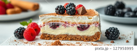 Delicious dessert featuring creamy layers with berries and a crunchy base served at a cozy table setting 127958995