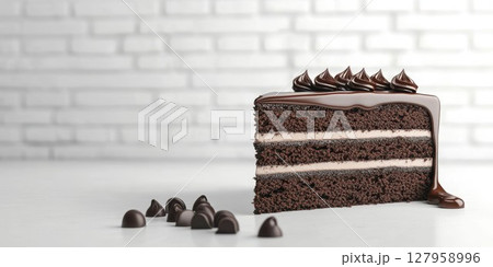 Delicious chocolate cake slice with creamy filling and decorative icing on a clean countertop Delicious chocolate cake slice with creamy filling and decorative icing on a clean countertop 127958996