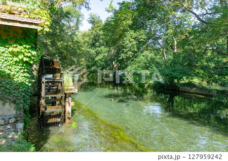 <安曇野>大王わさび農場の水車と美しい小川の絶景 <安曇野>大王わさび農場の水車と美しい小川の絶景 127959242