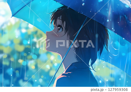 雨の中で傘を差す美しいアニメ風の女性キャラクター漫画イラスト 雨の中で傘を差す美しいアニメ風の女性キャラクター漫画イラスト 127959308