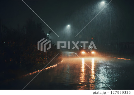 豪雨で濡れた道路と車のライトが反射する都市風景 127959336