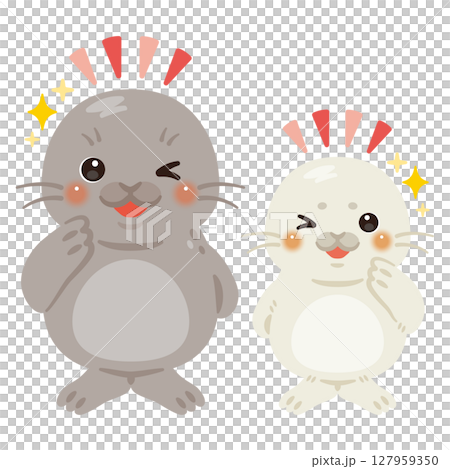 Character illustration of a parent and child seal giving a good sign Character illustration of a parent and child seal giving a good sign 127959350