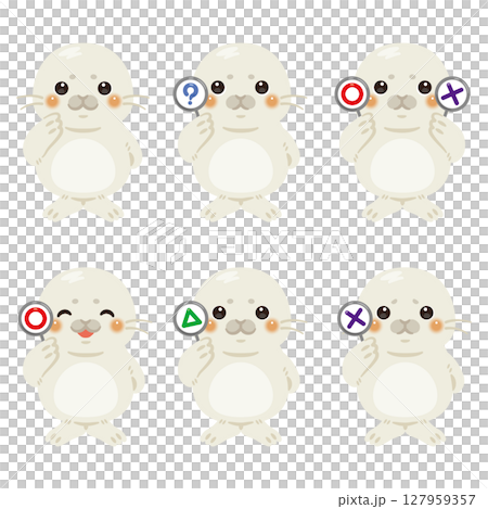 一組小海豹人物插圖，手持圓形、方形和三角形卡片 127959357
