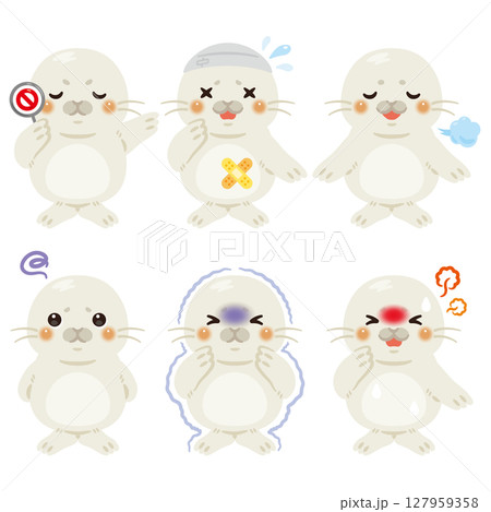 様々な状態の赤ちゃんアザラシのキャラクターイラストセット 127959358