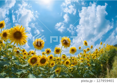 夏の空に向かって咲くひまわり畑 夏の空に向かって咲くひまわり畑 127959401