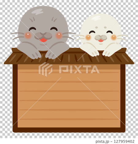 木製看板に乗った笑顔のアザラシ親子のキャラクターイラスト 木製看板に乗った笑顔のアザラシ親子のキャラクターイラスト 127959402