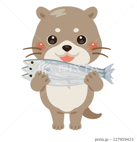魚を抱えたカワウソのキャラクターイラスト 127959423