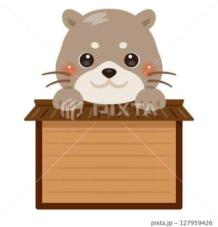 木製看板に乗ったカワウソのキャラクターイラスト 127959426