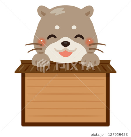 木製看板に乗った笑顔のカワウソのキャラクターイラスト 127959428