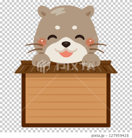 木製看板に乗った笑顔のカワウソのキャラクターイラスト 127959428