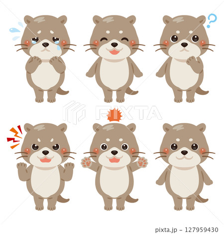カワウソのキャラクターイラスト 表情セット カワウソのキャラクターイラスト 表情セット 127959430