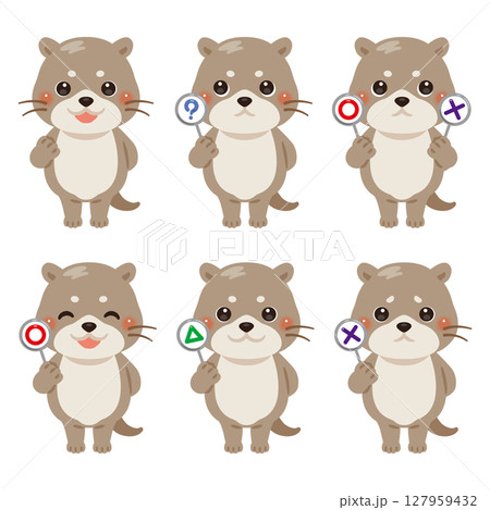 ○×△の札を持ったカワウソのキャラクターイラストセット ○×△の札を持ったカワウソのキャラクターイラストセット 127959432