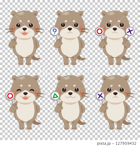 ○×△の札を持ったカワウソのキャラクターイラストセット ○×△の札を持ったカワウソのキャラクターイラストセット 127959432