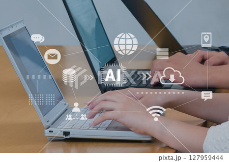ビジネスシーン、生成AIを活用したデジタルワークフロー、クラウド、DX、デジタルネットワークイメージ 127959444