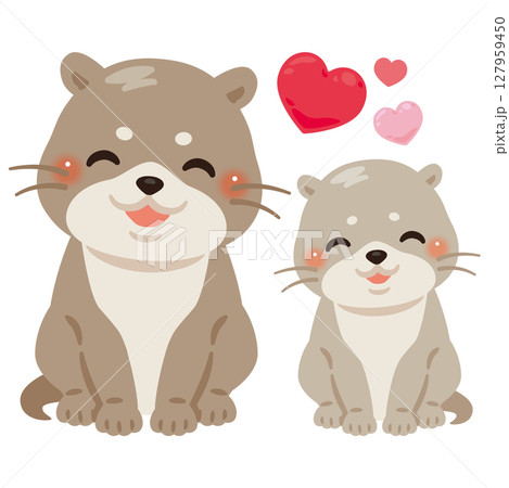 お座りした笑顔のカワウソの親子イラスト 127959450