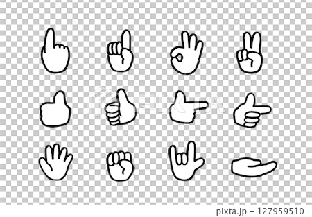 Illustration set of various hand poses: pointing, peace, okay, attention, like, hand-drawn 127959510
